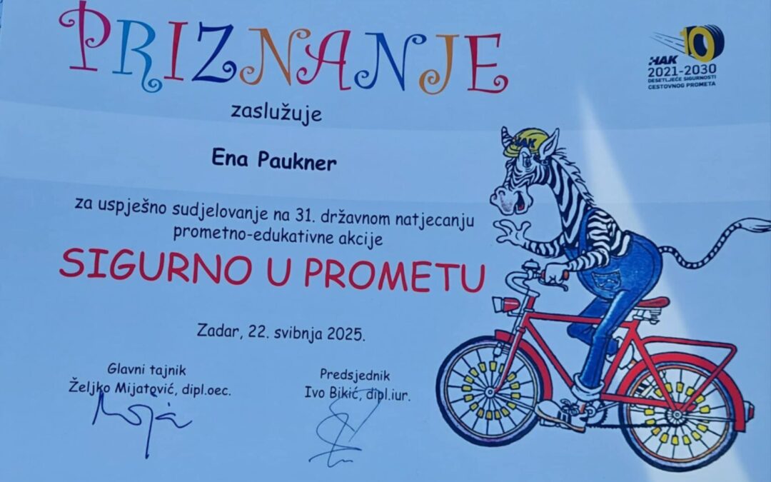 Državno natjecanje Sigurno u prometu u Zadru, učenica Ena Paukner i mentor Franjo Kvesić
