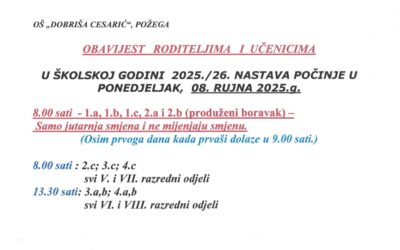 Obavijest o početku nastave u šk.g. 2025./2026.