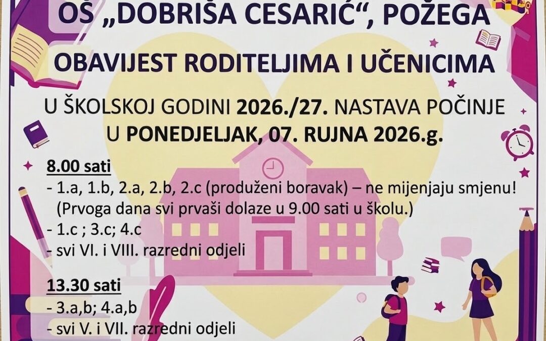 Obavijest o početku nastave u šk.g. 2026./2027.