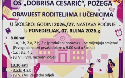 Obavijest o početku nastave u šk.g. 2026./2027.