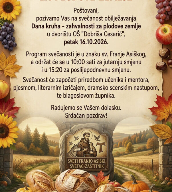 Pozivnica na svečanost obilježavanja Dana kruha -zahvalnosti za plodove Zemlje